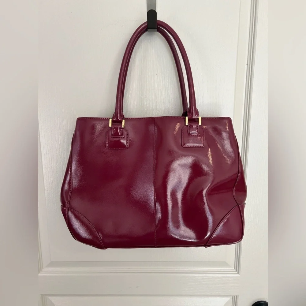 Tory Burch Burgundy Patent Leather Tote Structured Work Bag